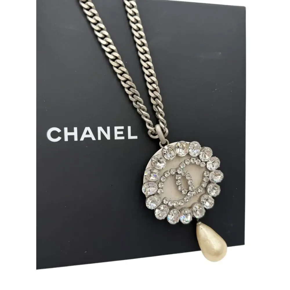 Chanel Fall 2000 Crystal CC Pearl Drop Medallion Necklace on Gunmetal Chain